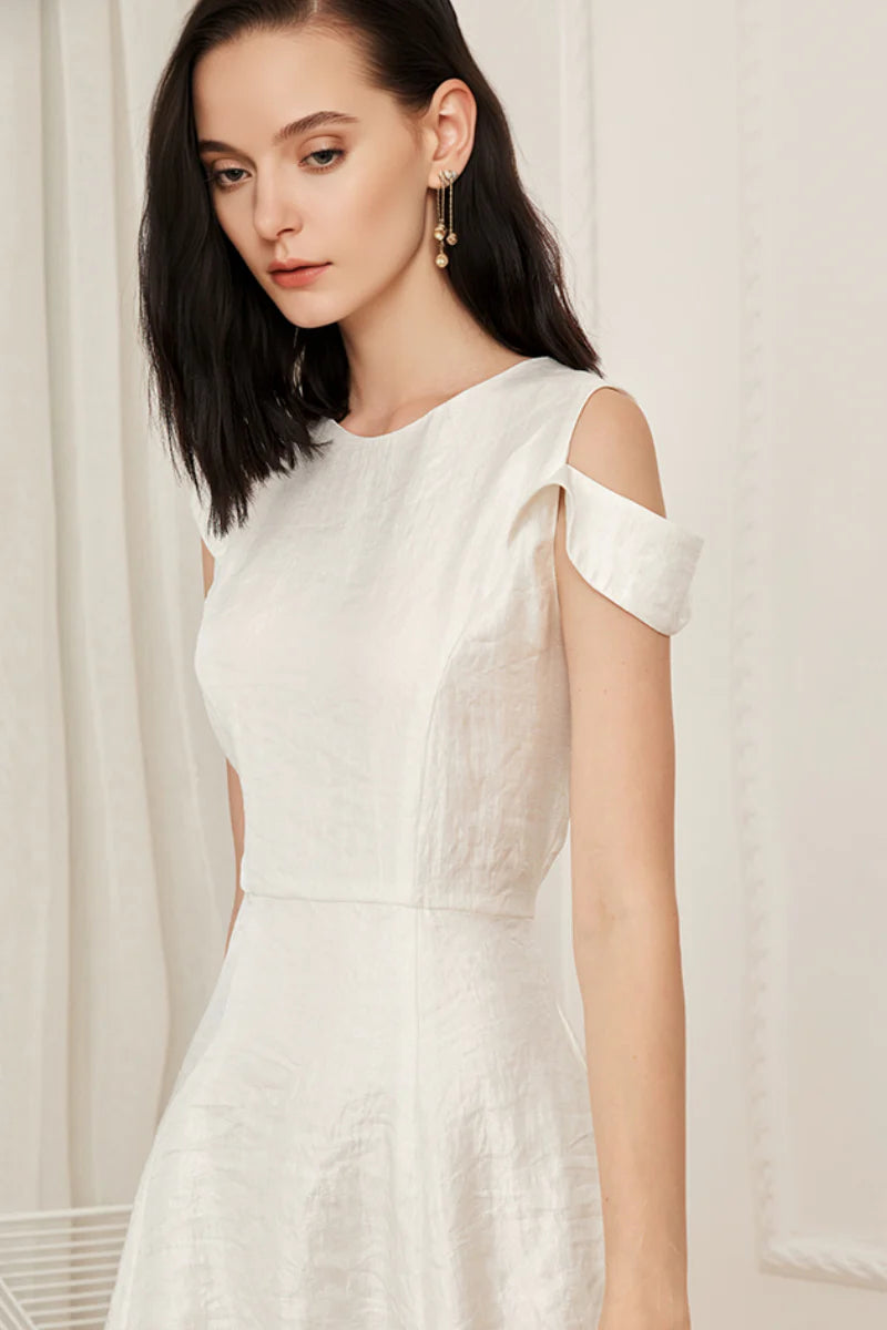 White Asymmetrical Sleeve Midi Graduation Dress