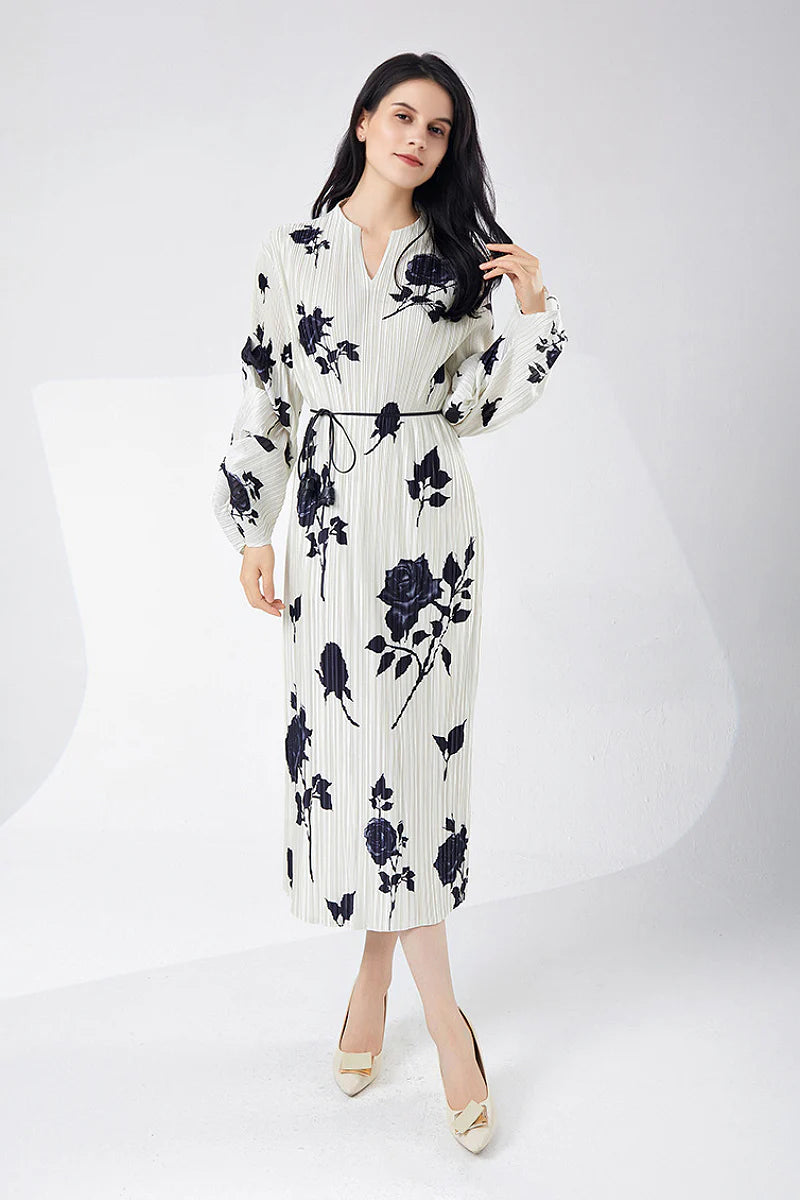Designer Inspired Pleated Floral Long-Sleeve Midi Dress