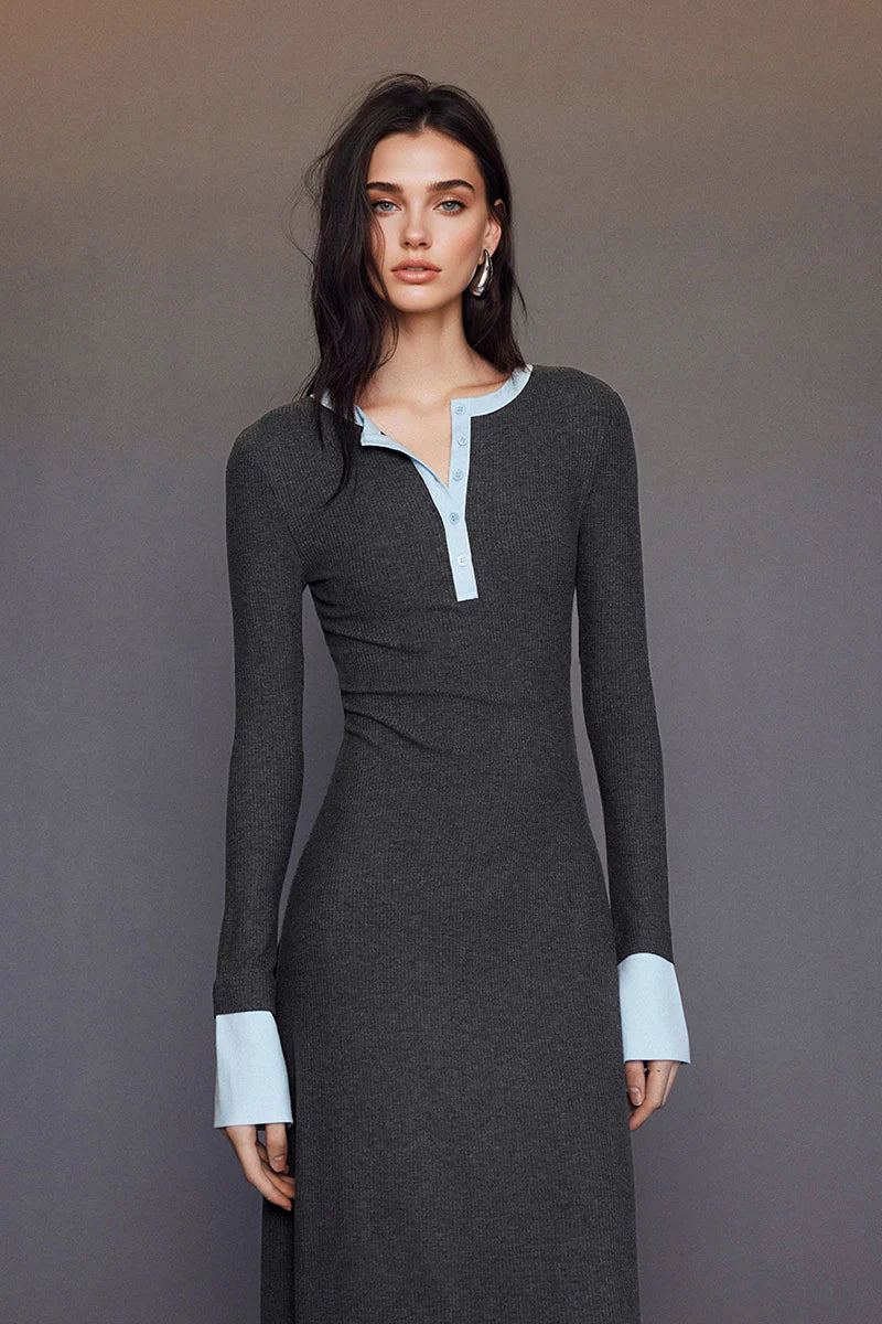 Long Sleeve Ribbed Bodycon Maxi Dress with Contrast Trim