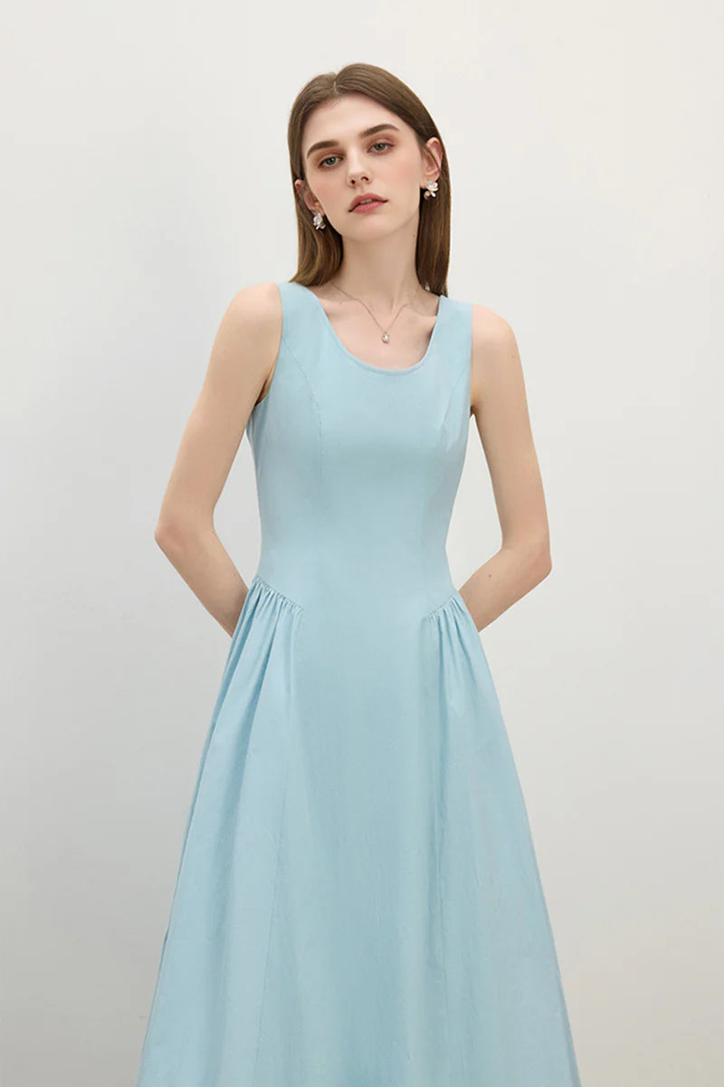 Baby Blue 100 Cotton Sleeveless Scoop-Neck Bubble Midi Dress