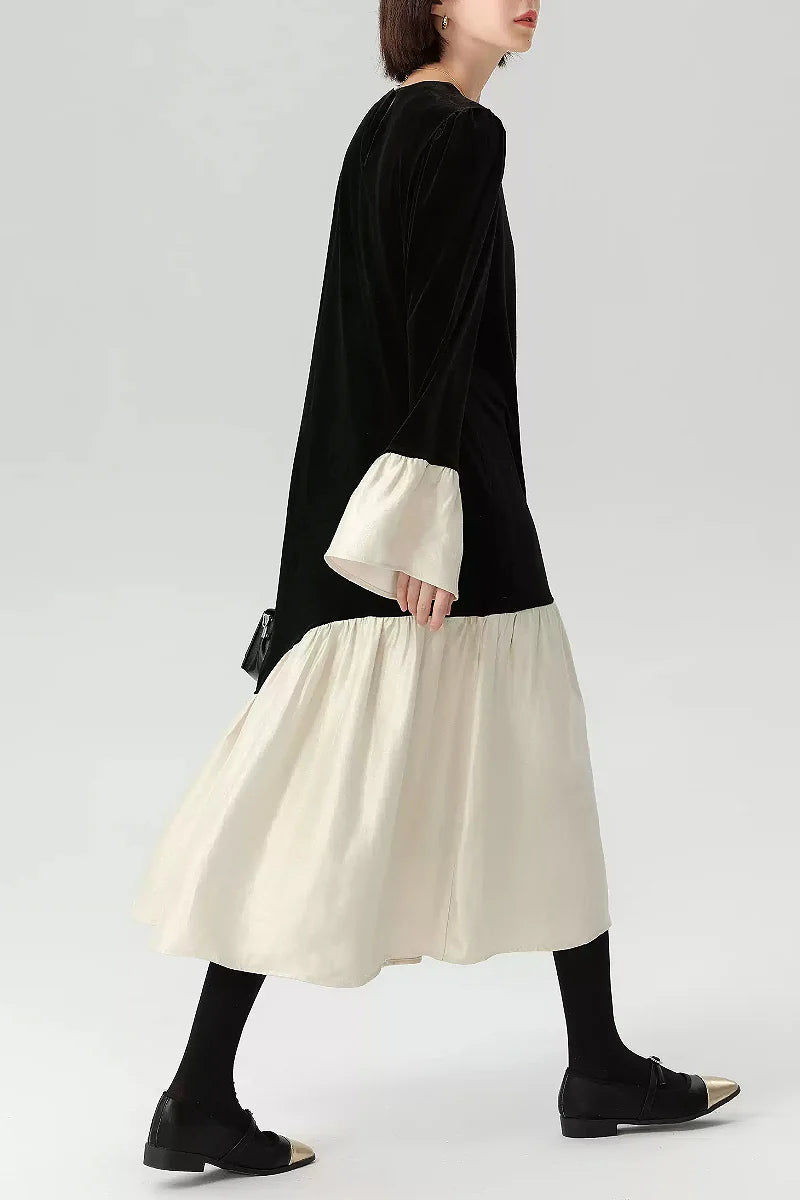 Asymmetric Patchwork Long-Sleeve Velvet Dress