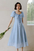 Baby Blue Lyocell V-Neck Puff-Sleeve Midi Dress