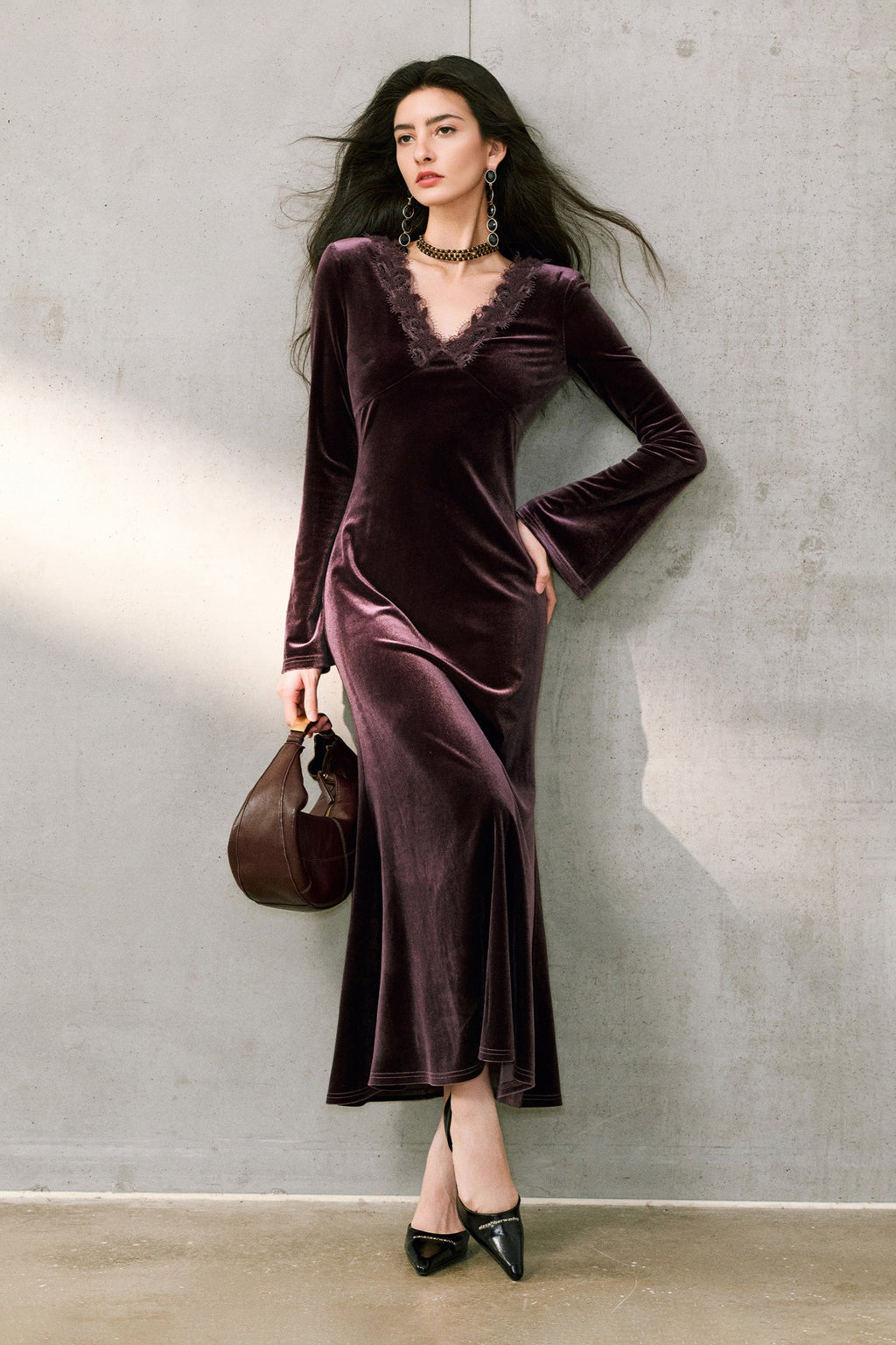 Purple Velvet Long Sleeve Lace V-Neck Maxi Dress