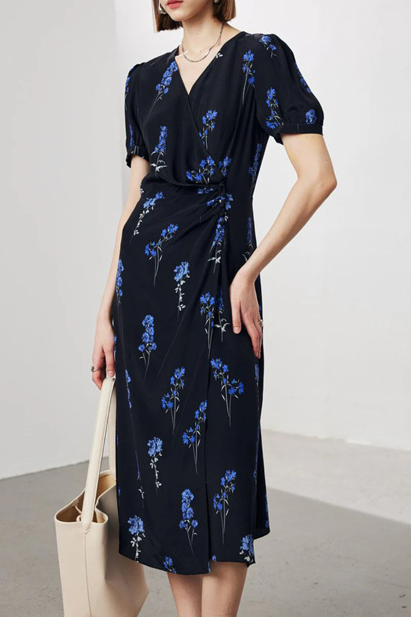 100 Mulberry Silk Floral Puff-Sleeve V-Neck Wrap Midi Dress