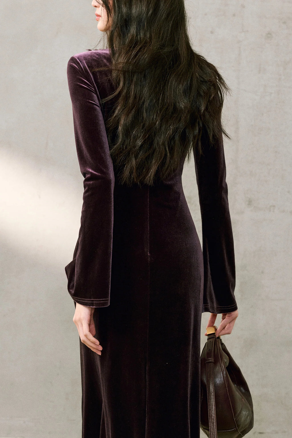 Purple Velvet Long Sleeve Lace V-Neck Maxi Dress