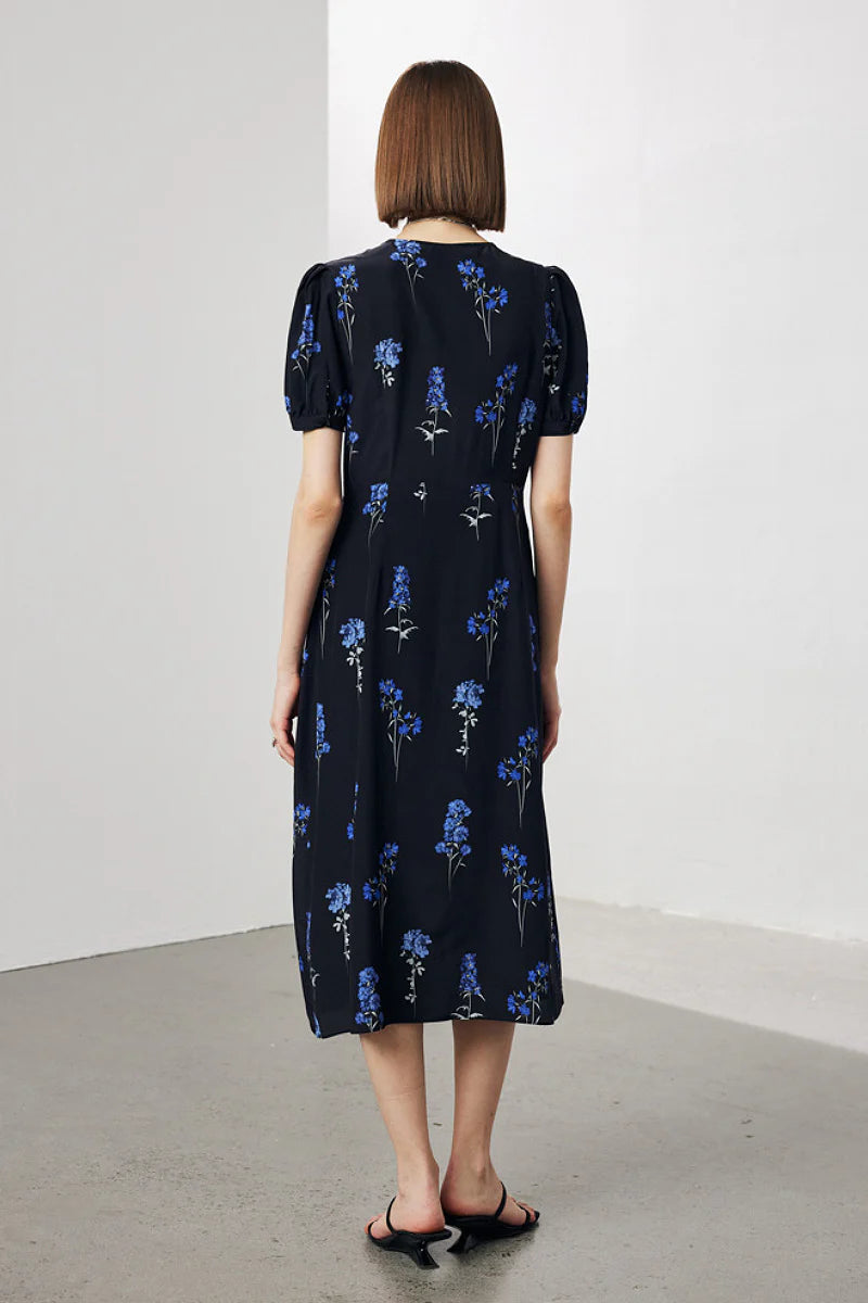 100 Mulberry Silk Floral Puff-Sleeve V-Neck Wrap Midi Dress