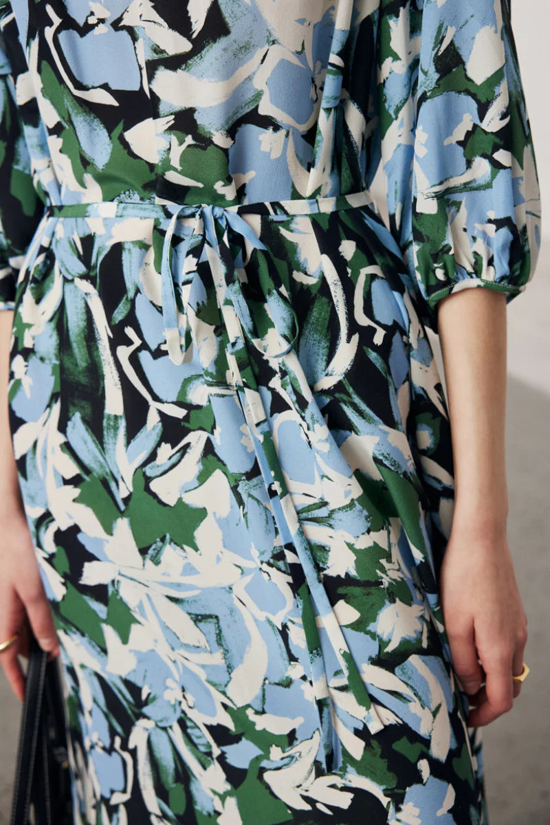 100 Mulberry Silk Floral Balloon-Sleeve Tie-Waist Midi Dress with Pockets
