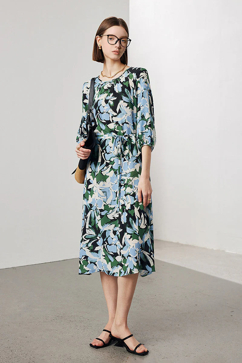 100 Mulberry Silk Floral Balloon-Sleeve Tie-Waist Midi Dress with Pockets