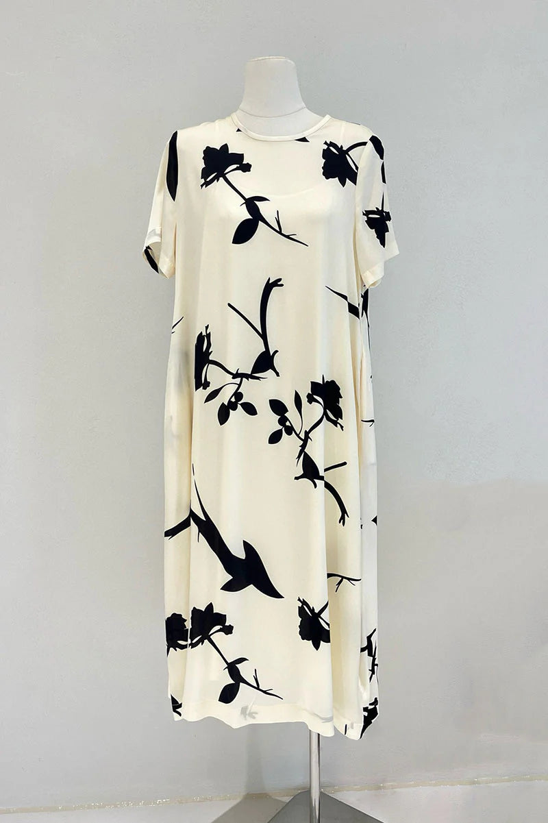 Stretch Silk Floral Short-Sleeve Crewneck Midi T-Shirt Dress