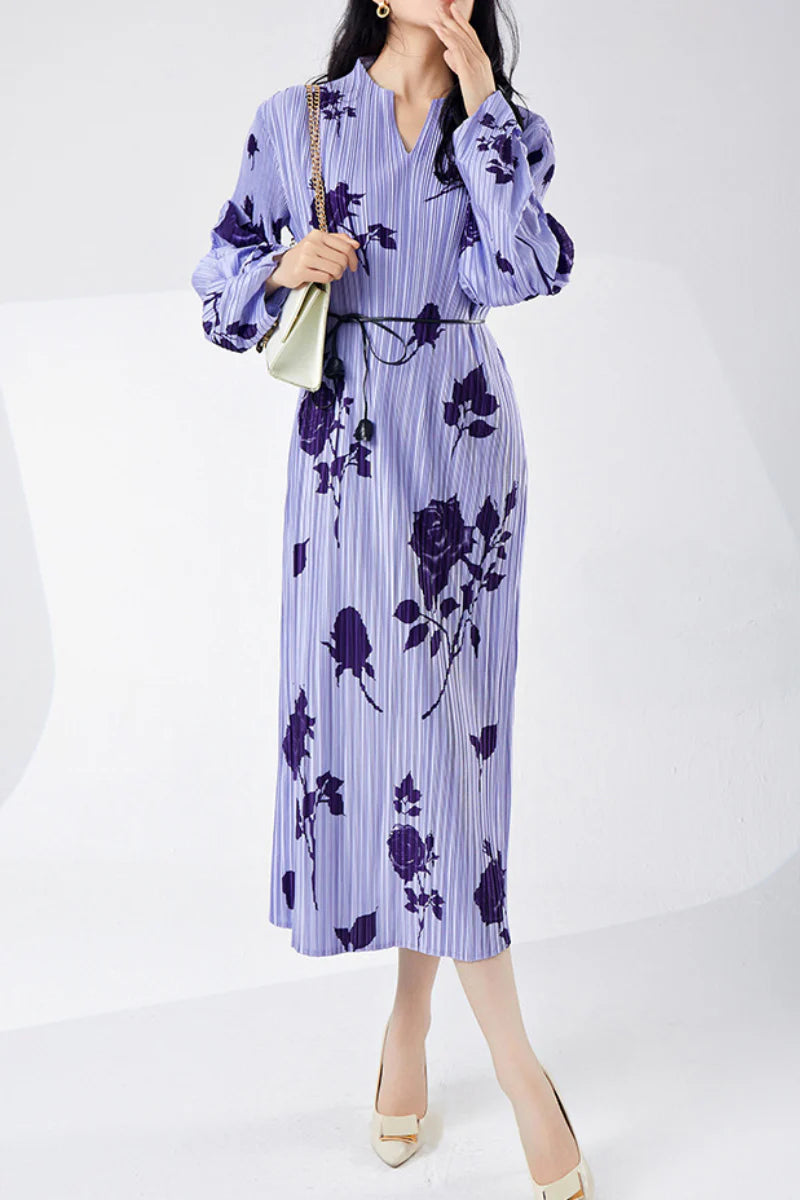 Designer Inspired Pleated Floral Long-Sleeve Midi Dress