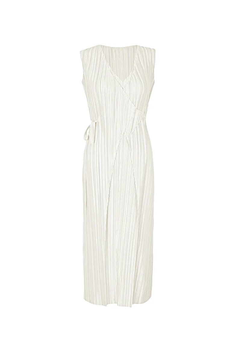 Designer Inspired Pleated Sleeveless Midi Wrap Dress