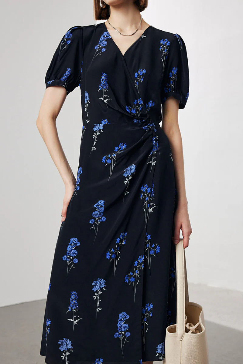 100 Mulberry Silk Floral Puff-Sleeve V-Neck Wrap Midi Dress