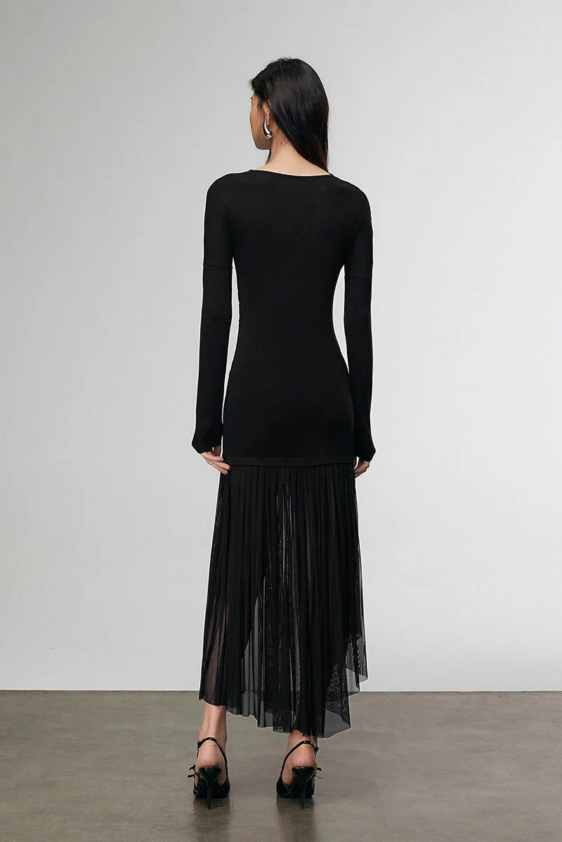 Asymmetric Draped Mesh Maxi Dress with Sleeves