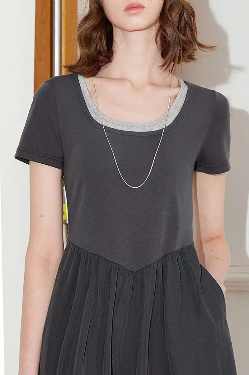 Cotton Short-Sleeve Mixed-Media Fit & Flare Midi Dress