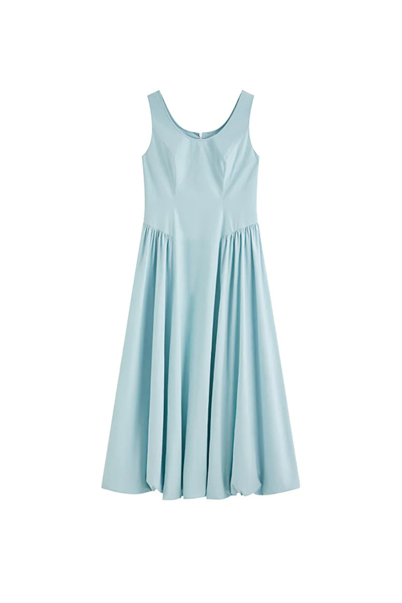 Baby Blue 100 Cotton Sleeveless Scoop-Neck Bubble Midi Dress