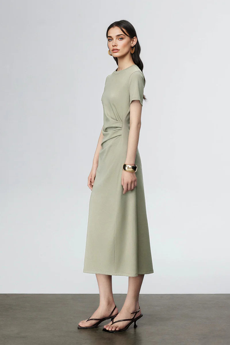 Sage Green Ruched-Waist T-Shirt Midi Dress