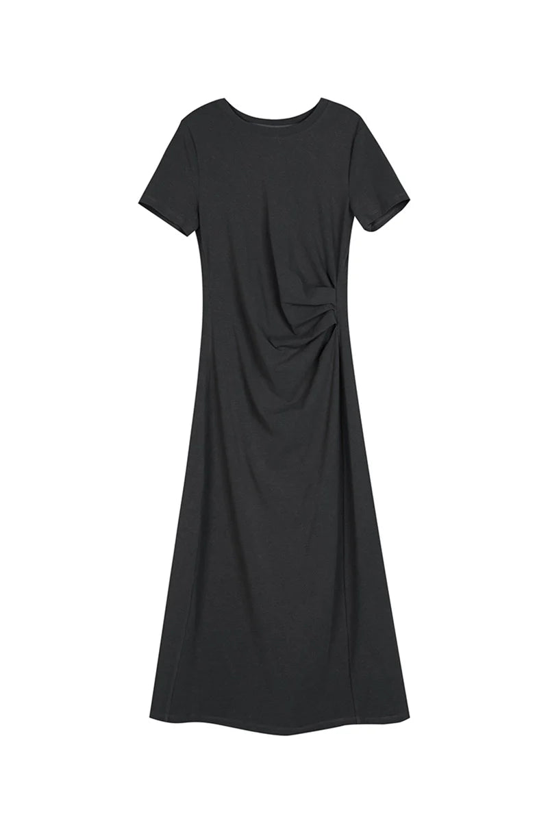 Sage Green Ruched-Waist T-Shirt Midi Dress