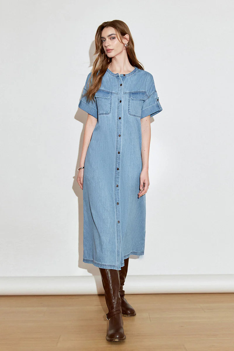 Denim Short-Sleeve Button-Up Belted Midi Shirt Dress with Back Slit