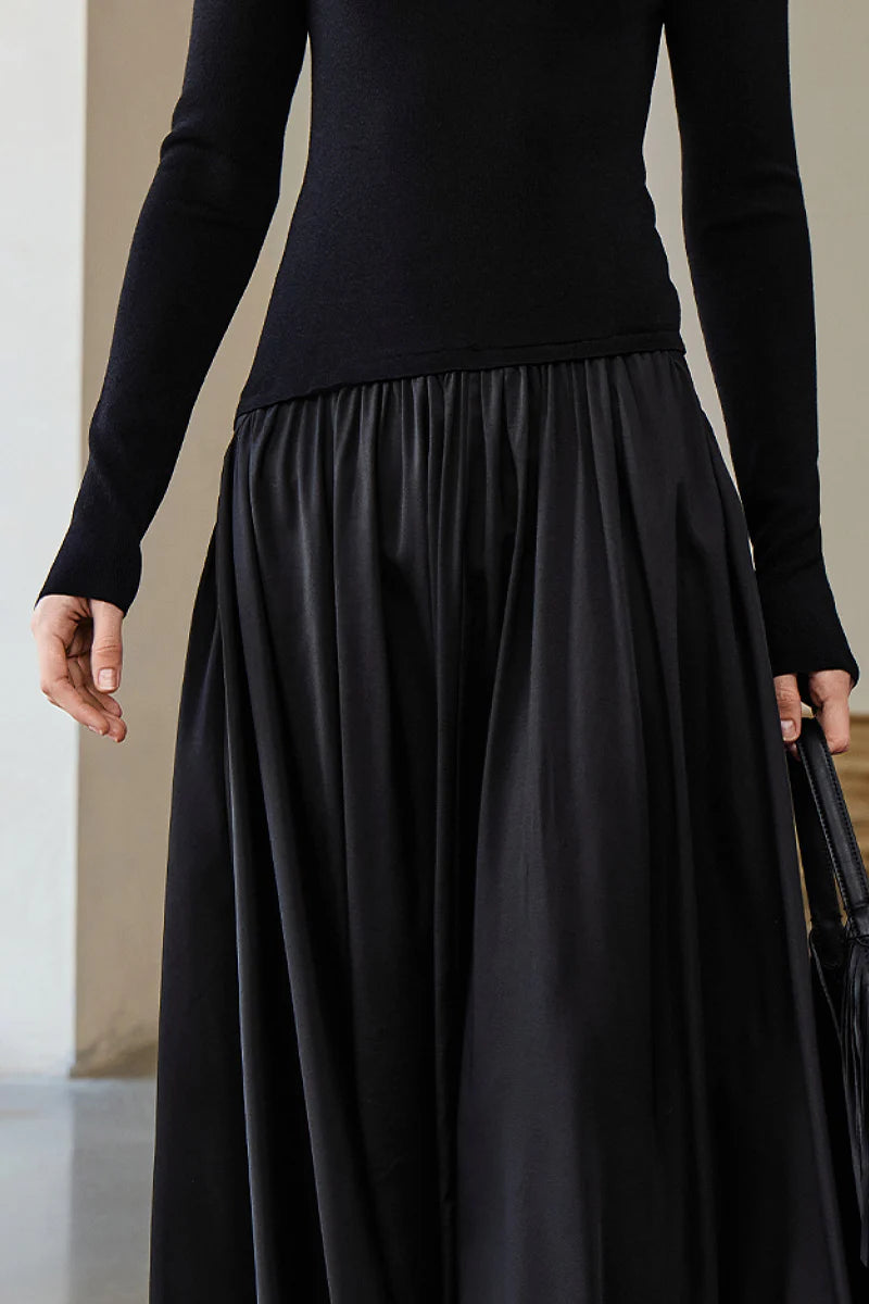 Black Fit & Flare Long-Sleeve V-Neck Maxi Dress