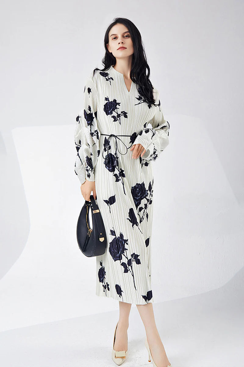 Designer Inspired Pleated Floral Long-Sleeve Midi Dress