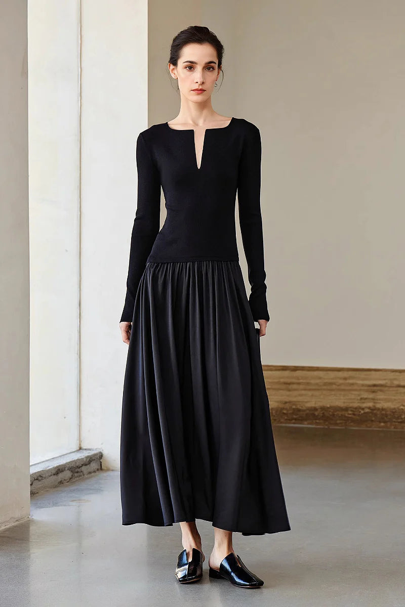 Black Fit & Flare Long-Sleeve V-Neck Maxi Dress