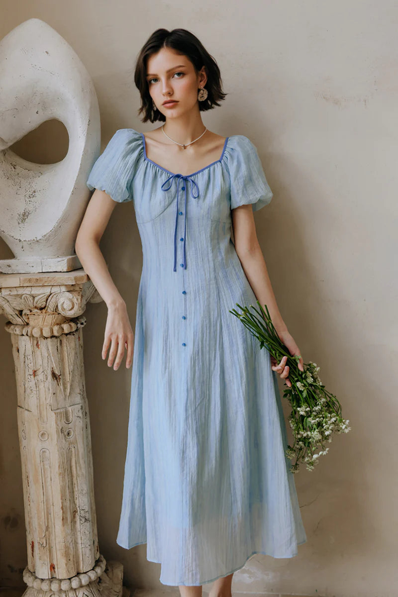 Baby Blue Lyocell V-Neck Puff-Sleeve Midi Dress