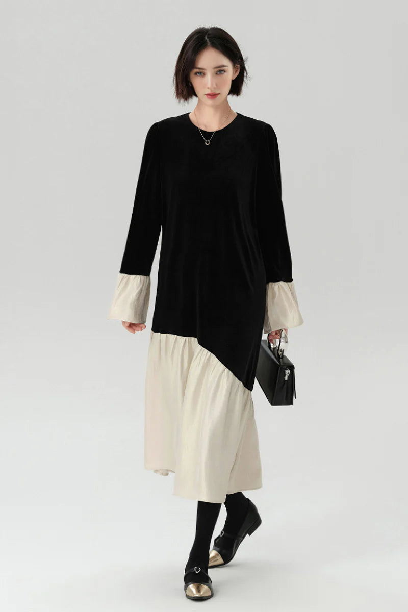 Asymmetric Patchwork Long-Sleeve Velvet Dress