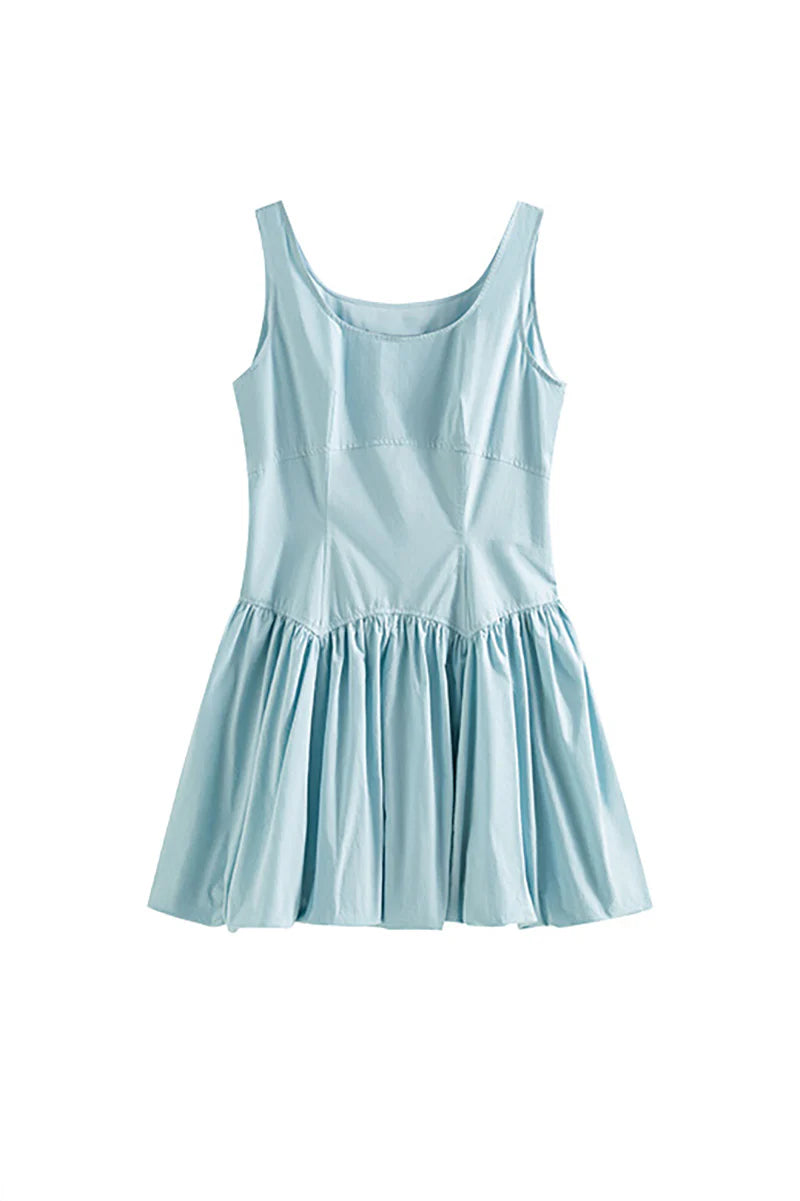 Baby Blue 100 Cotton Sleeveless Scoop-Neck Bubble Mini Dress