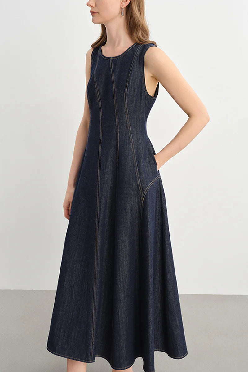 Denim Sleeveless A-Line Midi Dress