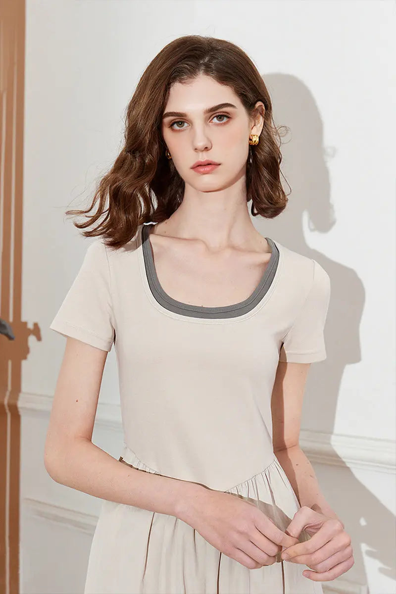 Cotton Short-Sleeve Mixed-Media Fit & Flare Midi Dress