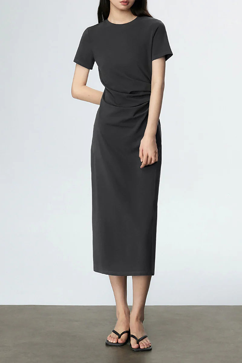 Sage Green Ruched-Waist T-Shirt Midi Dress