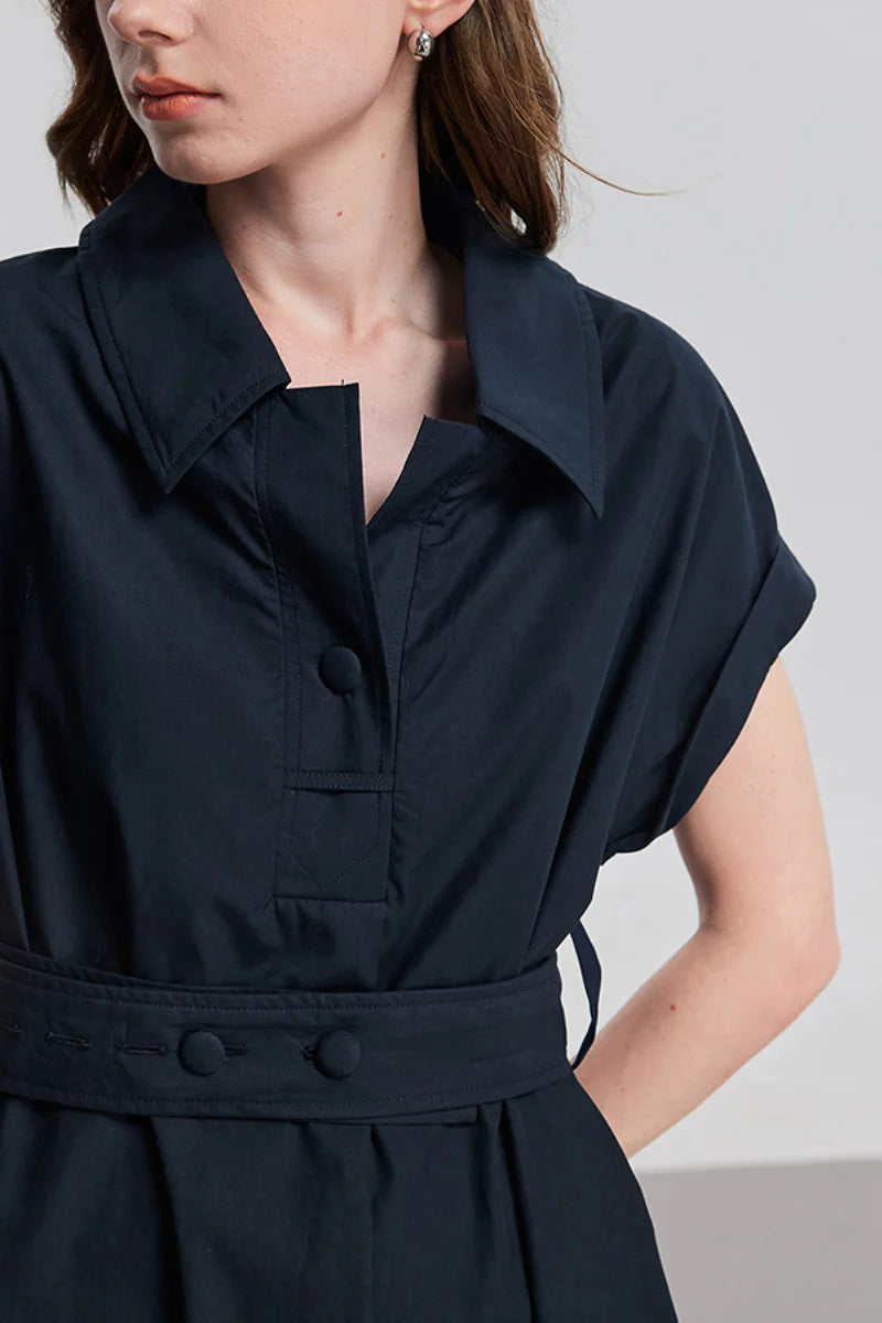 Navy Blue Belted Shirt Dress in Cotton-Lyocell Blend