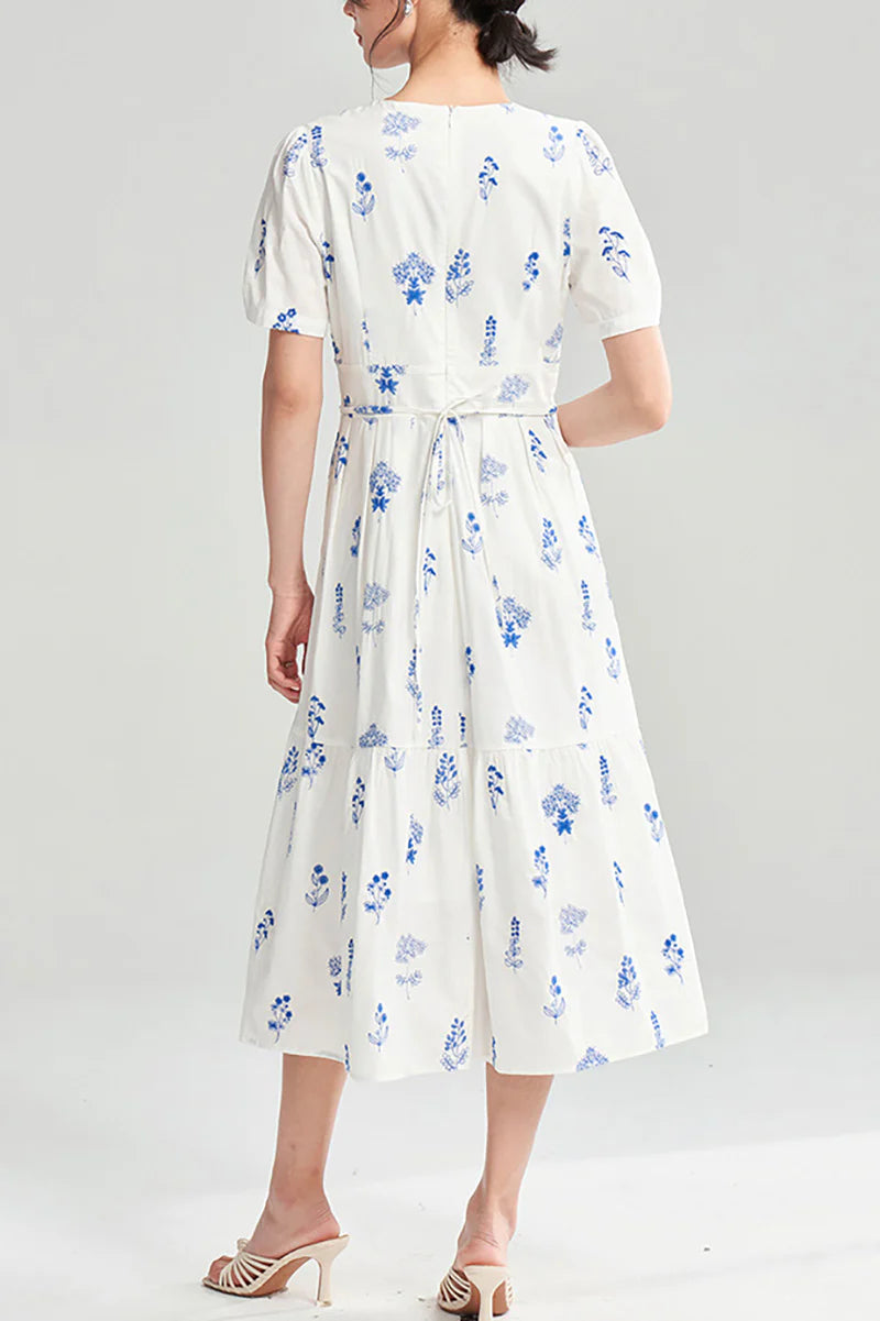 100 Cotton Floral Empire Waist A-Line Midi Sundress