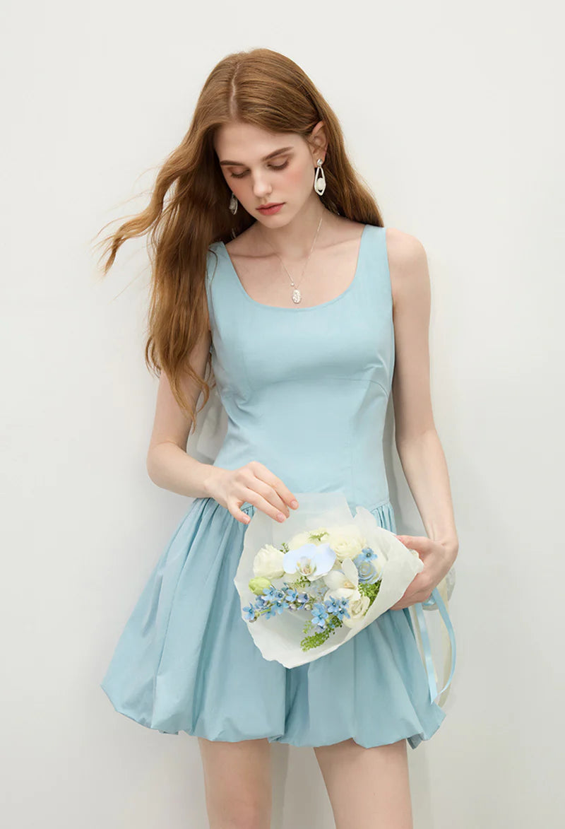 Baby Blue 100 Cotton Sleeveless Scoop-Neck Bubble Mini Dress
