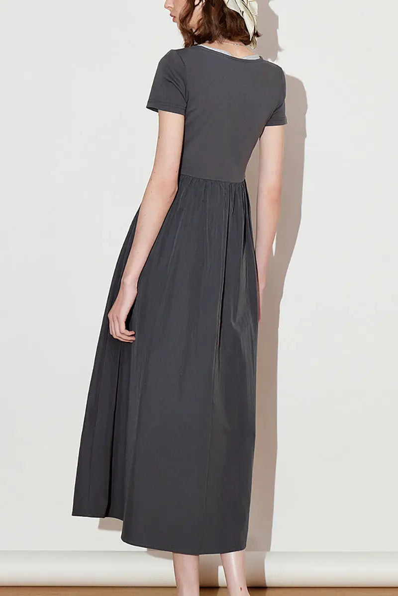 Cotton Short-Sleeve Mixed-Media Fit & Flare Midi Dress