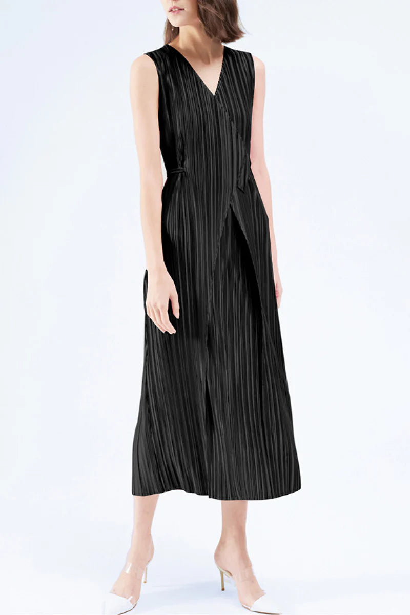 Designer Inspired Pleated Sleeveless Midi Wrap Dress