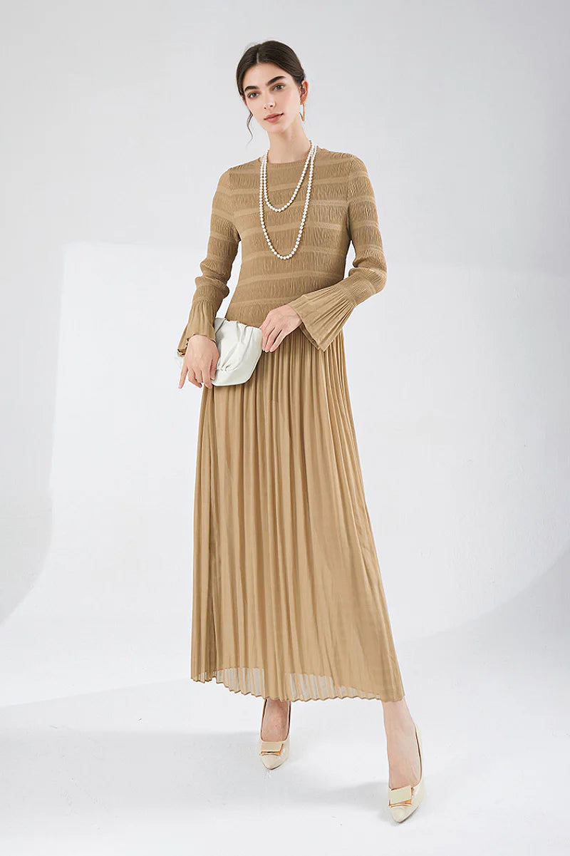 Designer Inspired Pleated Long Sleeve Smocked Maxi Dress