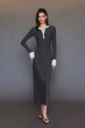 Long Sleeve Ribbed Bodycon Maxi Dress with Contrast Trim