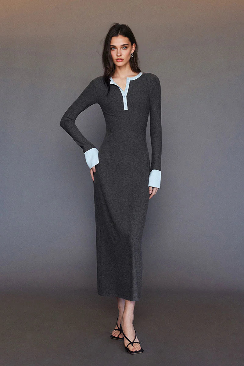 Long Sleeve Ribbed Bodycon Maxi Dress with Contrast Trim