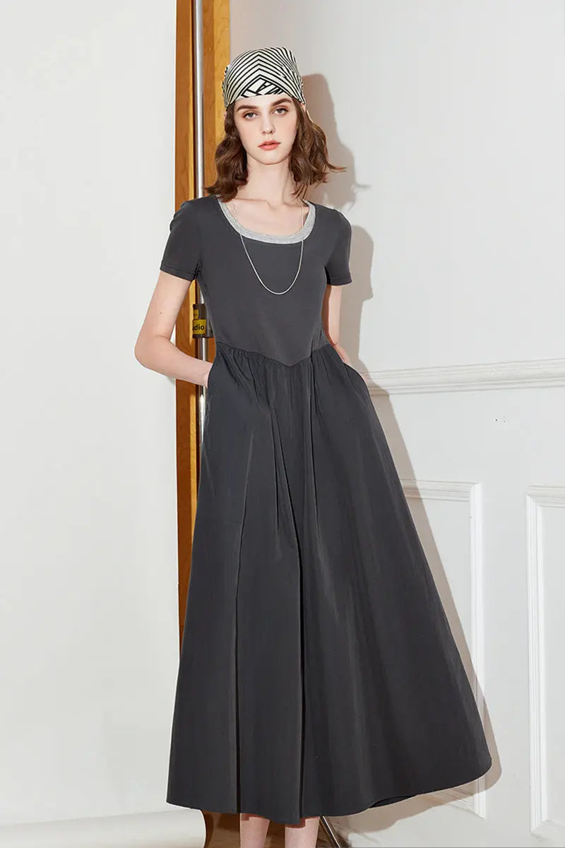 Cotton Short-Sleeve Mixed-Media Fit & Flare Midi Dress
