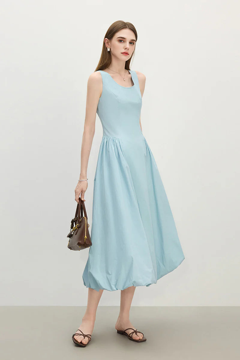 Baby Blue 100 Cotton Sleeveless Scoop-Neck Bubble Midi Dress