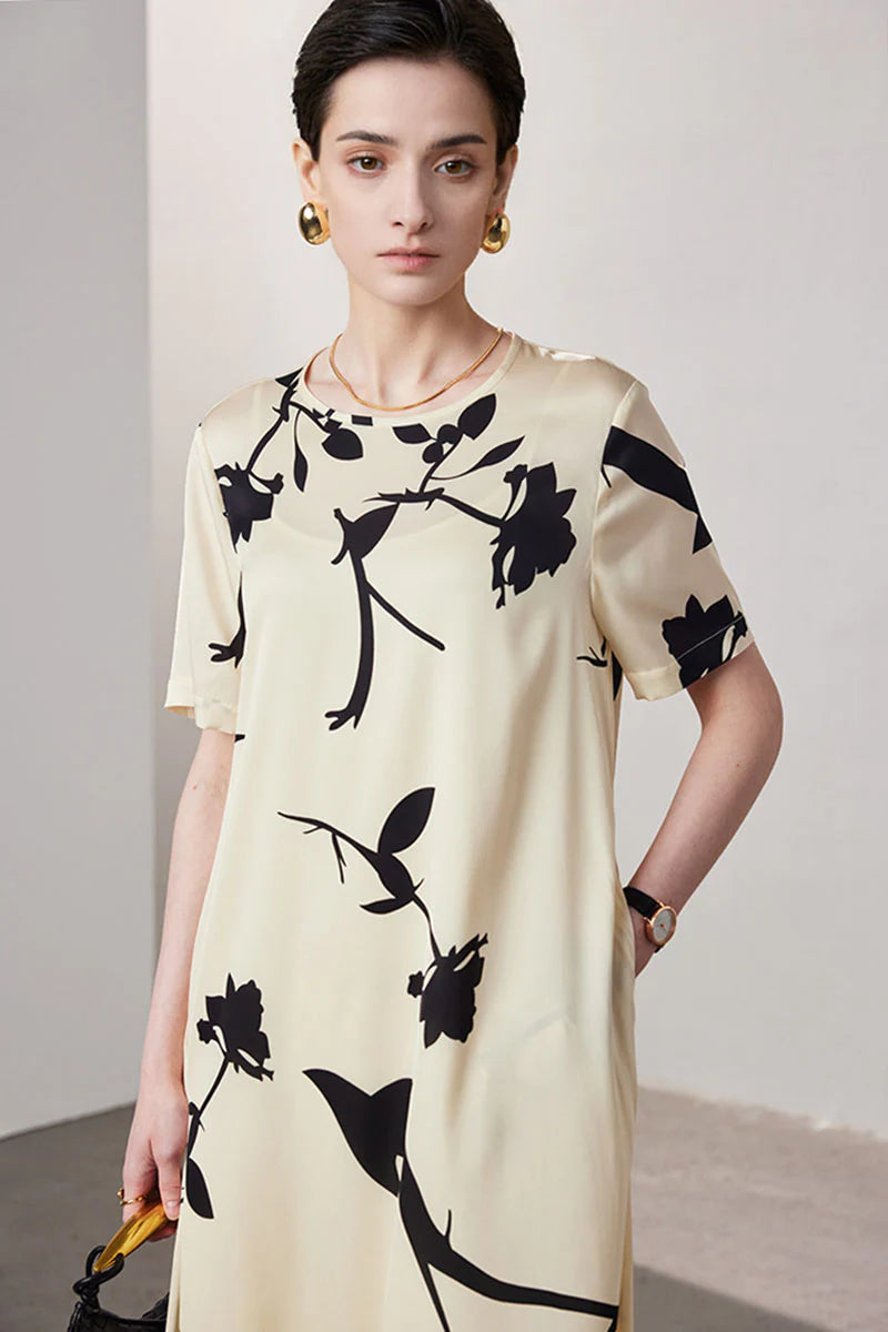 Stretch Silk Floral Short-Sleeve Crewneck Midi T-Shirt Dress