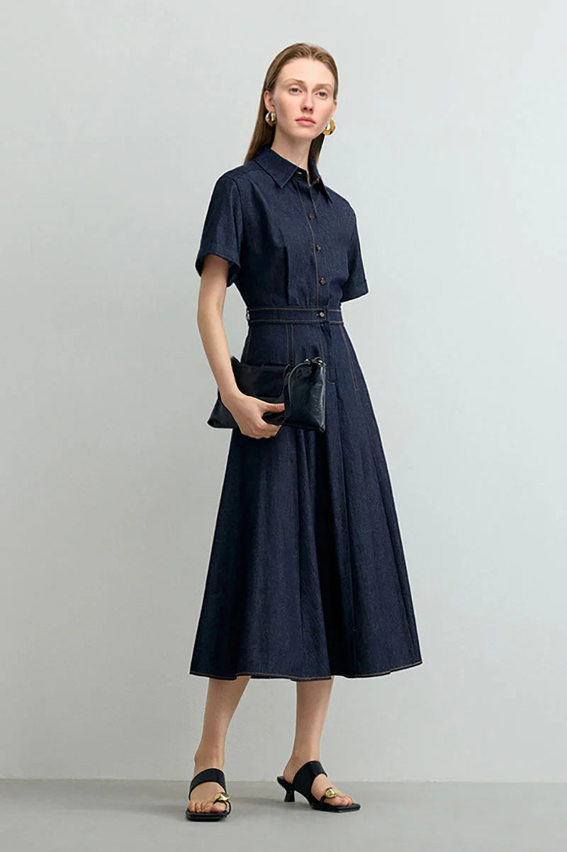 Tencel Denim Short-Sleeve Button-Up Midi Shirt Dress