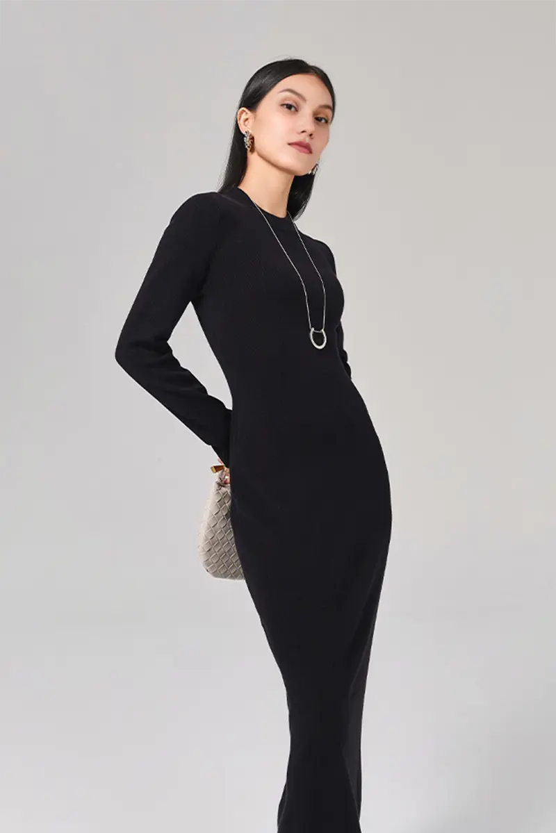 Slim Fit Long Sleeve Knit Wool Maxi Dress