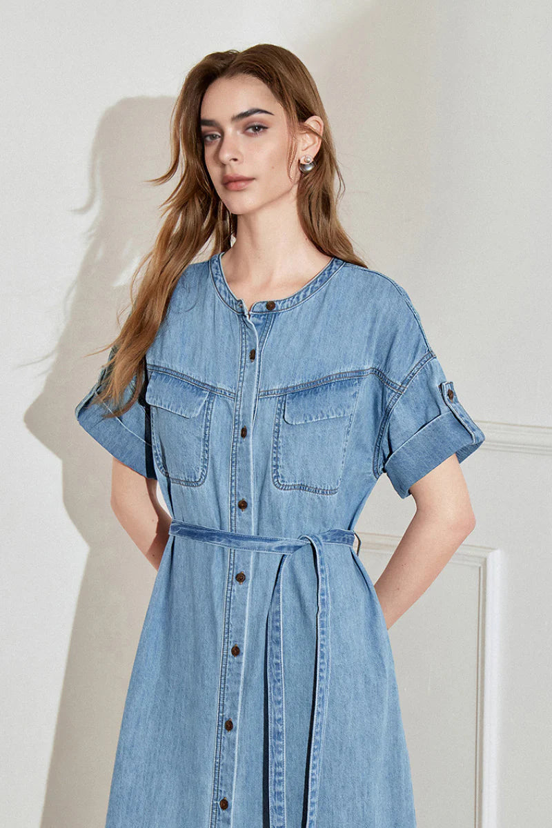 Denim Short-Sleeve Button-Up Belted Midi Shirt Dress with Back Slit