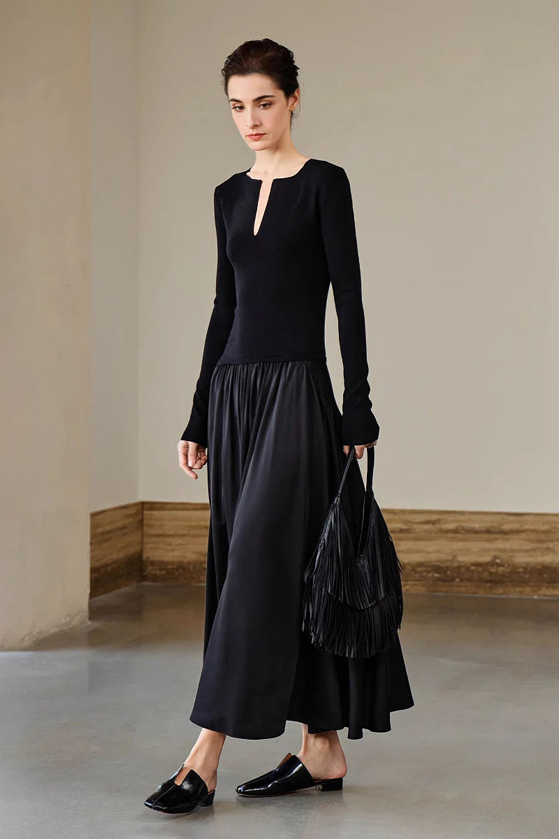 Black Fit & Flare Long-Sleeve V-Neck Maxi Dress