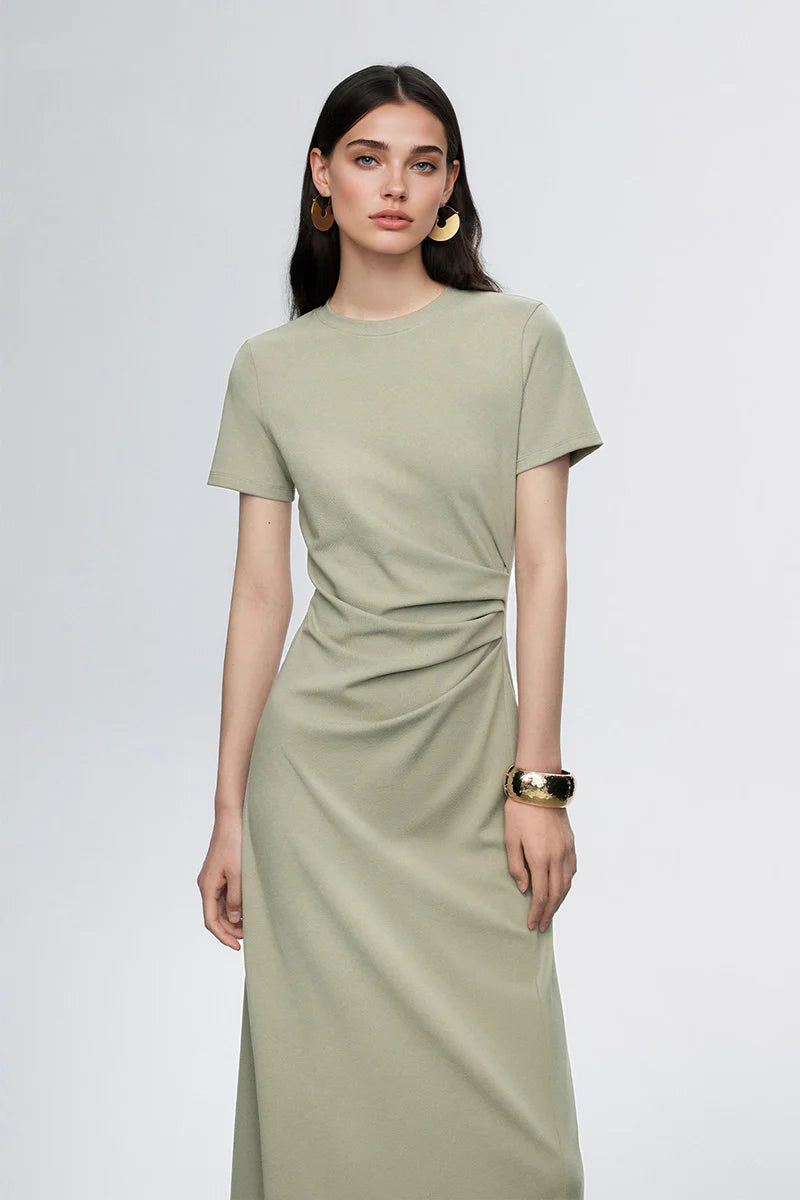 Sage Green Ruched-Waist T-Shirt Midi Dress