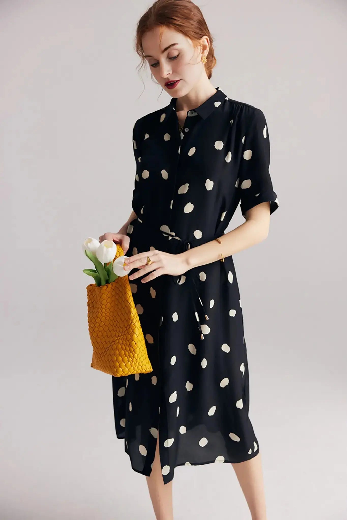 Women's Short Sleeve Polka Dot Silk Dress