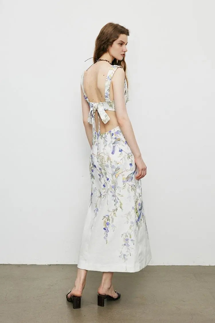 Backless Floral Linen Dress