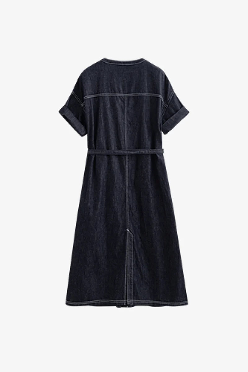 Denim Short-Sleeve Button-Up Belted Midi Shirt Dress with Back Slit